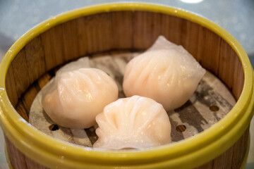 Steamed shrimp dumplings at Chinese dim sum