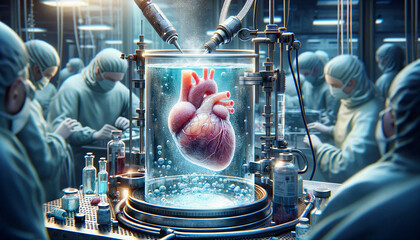 Futuristic Vision of Vitrification Process A Human Heart Undergoing Cryoprotectant Treatment, Medical Future Cryogenics.  