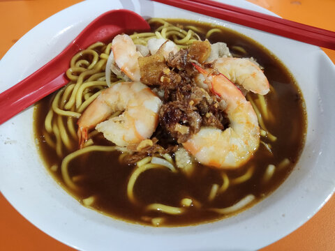 Authentic prawn mee or noodle with shrimps