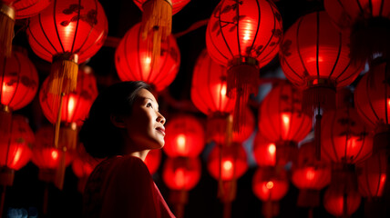 Happy Lunar New Year festival. Woman in red cheongsam dress. Asian Chinese Woman surrounded by...
