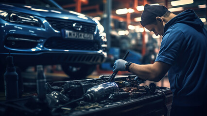 Close up of a mechanic fixing car under the hood with tools at garage. - obrazy, fototapety, plakaty