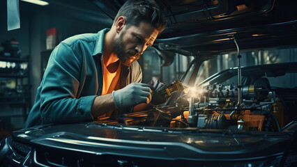 Fototapeta na wymiar Close up of a mechanic fixing car under the hood with tools at garage.