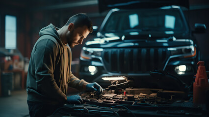 Fototapeta na wymiar Close up of a mechanic fixing car under the hood with tools at garage.