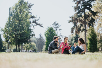 Carefree friends enjoy a sunny day in a park, laughing, talking, and eating ice cream. They create...