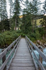 Wooden bridge on a beautiful fast-flowing river in the rocky mountains among the pine trees
