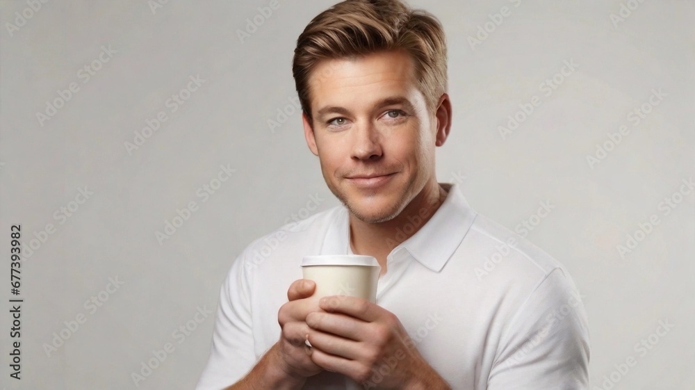 Wall mural Portrait of a white male with a cup of hot coffee against white background with space for text, AI generated, background image