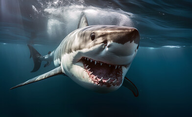 Close up of a scary giant white shark swimming in the ocean, Shark teeth