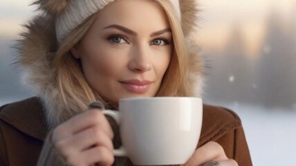Portrait of a white female with a cup of hot coffee against winter background with space for text, AI generated, background image