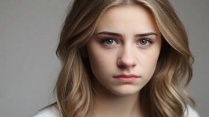 Fototapeta premium Portrait of a white girl with Heartbroken expression against white background with space for text, AI generated, background image