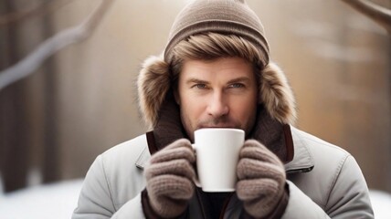 Portrait of a white male with a cup of hot coffee against winter background with space for text, AI generated, background image