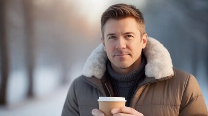 Portrait of a white male with a cup of hot coffee against winter background with space for text, AI generated, background image