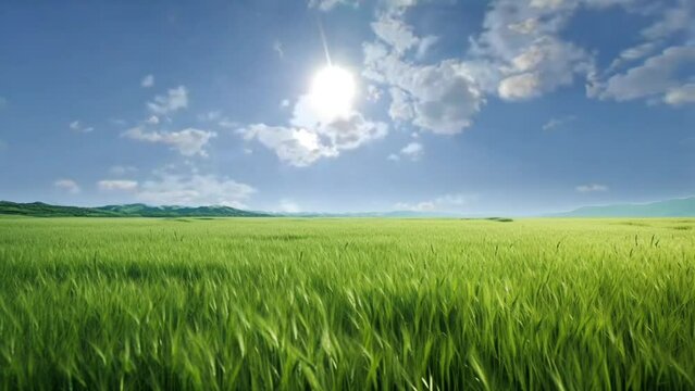 Beautiful fantasy spring nature landscape and green grass field animation background. seamless looping video animation background, anime or cartoon style. Generated with AI