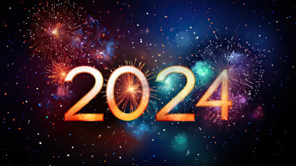 Happy New Year 2024. Beautiful creative holiday background with fireworks and Sparkling font 2024.