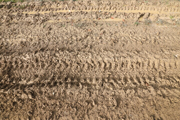Wheel track on mud. Traces of a tractor or heavy off-road car on brown mud in a wet meadow