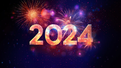 Happy New Year 2024. Beautiful creative holiday background with fireworks and Sparkling font 2024.