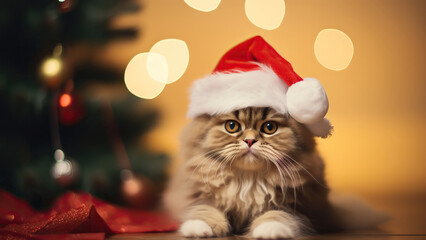 A cute cat in a Santa Claus hat on a winter background with Christmas decorations.