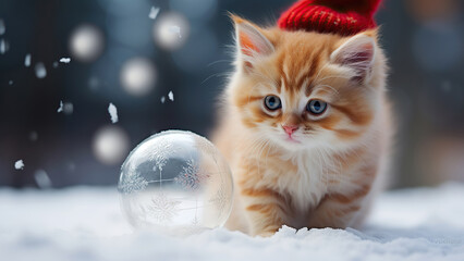 A cute cat in a Santa Claus hat on a winter background with Christmas decorations.