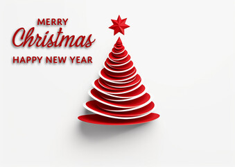 A red paper Christmas Tree on a white background, Merry Christmas, Happy New Year