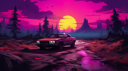 synthwave wasteland car at sunset with mountains and tall trees along side reflective swamp - obrazy, fototapety, plakaty