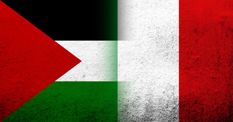 Flag of Palestine and National flag of Italy. Grunge background