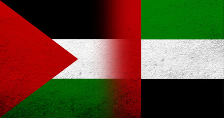 Flag of Palestine and National flag of United Arab Emirates. Grunge background