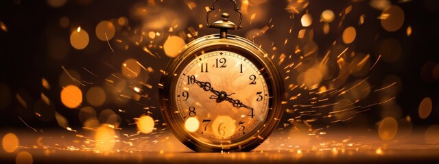 Countdown clock on abstract glittering golden background. Gold watch. Xmas night, celebrate time...