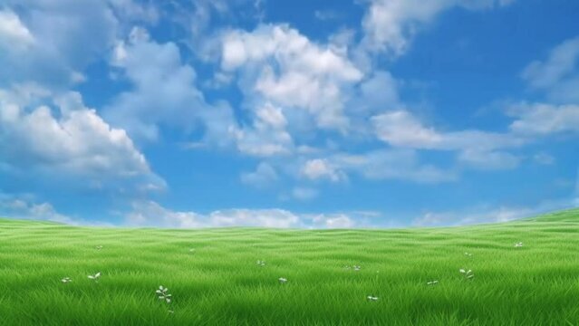 Green grass field with Moving clouds animation background. seamless looping video animation background, anime or cartoon style. Generated with AI