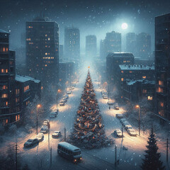Moonlit Night: Christmas tree on a snowy street