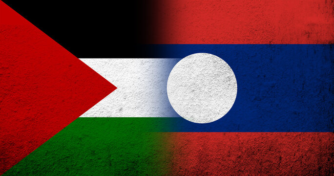 Flag of Palestine and The Lao People's Democratic Republic (Laos) National flag. Grunge background