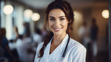Female doctor or nurse standing confidently and smiling in front of a medical training class background, - obrazy, fototapety, plakaty