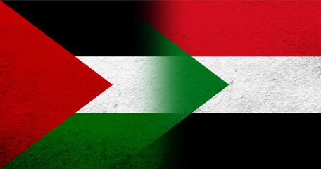 Flag of Palestine and the Republic of the Sudan National flag. Grunge background