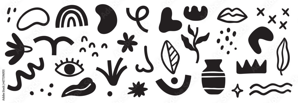 Poster Abstract blob shape doodle set element. Geometric abstract flower, blob face, organic doodle modern shape. Creative graphic design playful, cute color poster elements. Vector illustration