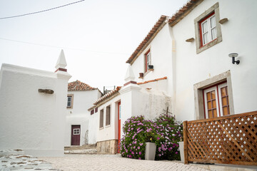 Typical streets in Portugal surrounded by white two-storey houses. Small Portugal city Azenhas do Mar with flower fence and beautiful houses. Shot passing by white big house on narrow street