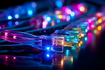Electric cables and LED lights in various colors, along with optical fiber, provide a vibrant background for technology and new business trends,