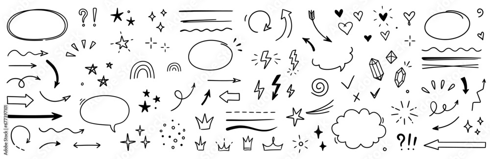 Poster sketch line arrow element, star, heart shape. hand drawn doodle sketch style circle, cloud speech bu