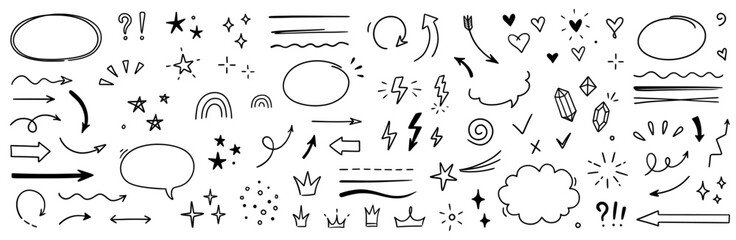 Sketch line arrow element, star, heart shape. Hand drawn doodle sketch style circle, cloud speech bubble grunge element set. Arrow, star, heart brush decoration. Vector illustration.