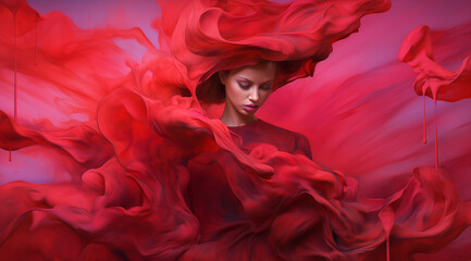 red woman in intricate flowing, paint, haze portrait showing motion and passion
