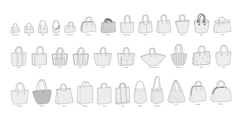 Set of Tote Bags silhouette. Fashion accessory technical illustration. Vector satchel front 3-4 view for Men, women, unisex style, flat handbag CAD mockup sketch outline isolated - obrazy, fototapety, plakaty