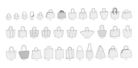 Poster Set of Tote Bags silhouette. Fashion accessory technical illustration. Vector satchel front 3-4 view for Men, women, unisex style, flat handbag CAD mockup sketch outline isolated © Vectoressa