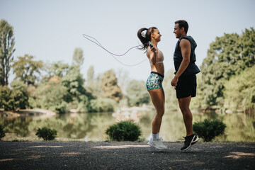 Caucasian friends jump rope together in a sunny park, promoting a healthy lifestyle. Fit and...