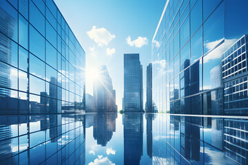 The low-angle photography shows reflective skyscrapers and business office buildings with glass curtain wall details reflecting the blue sky and white clouds, - obrazy, fototapety, plakaty