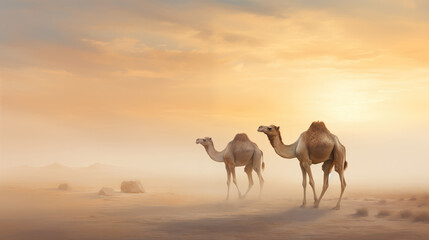 Fototapeta na wymiar Camels in a desert.