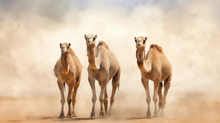 Camels in a desert.