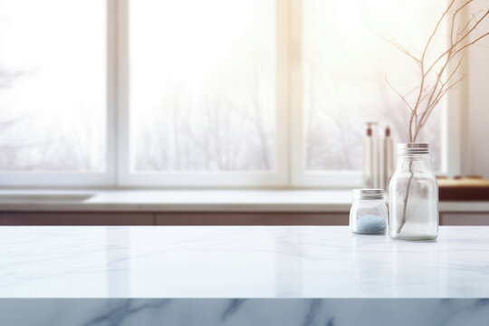 Kitchen interior with white marble countertop, glass salt bottles and dried branches in foreground. High quality photo