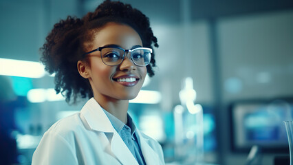 Beautiful young woman scientist wearing white coat and glasses in modern Medical Science Laboratory with Team of Specialists on bac. - obrazy, fototapety, plakaty