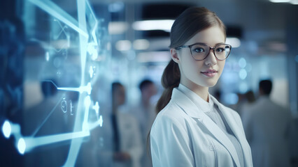Fototapeta premium Beautiful young woman scientist wearing white coat and glasses in modern Medical Science Laboratory with Team of Specialists on bac.
