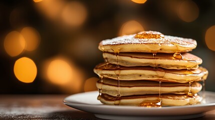 Stack of fluffy and golden pancakes, bokeh lights background. generative AI