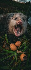 Vertical shot of a possum with its mouth wide open in front of broken eggs