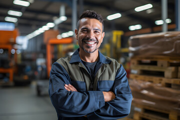 Confident Hispanic male factory worker with arms crossed in an industrial construction setting, captured in a candid shot,