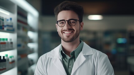 Professional confident pharmacist wearing lab coat and glasses. Druggist in drugstore store with shelves health care products.
